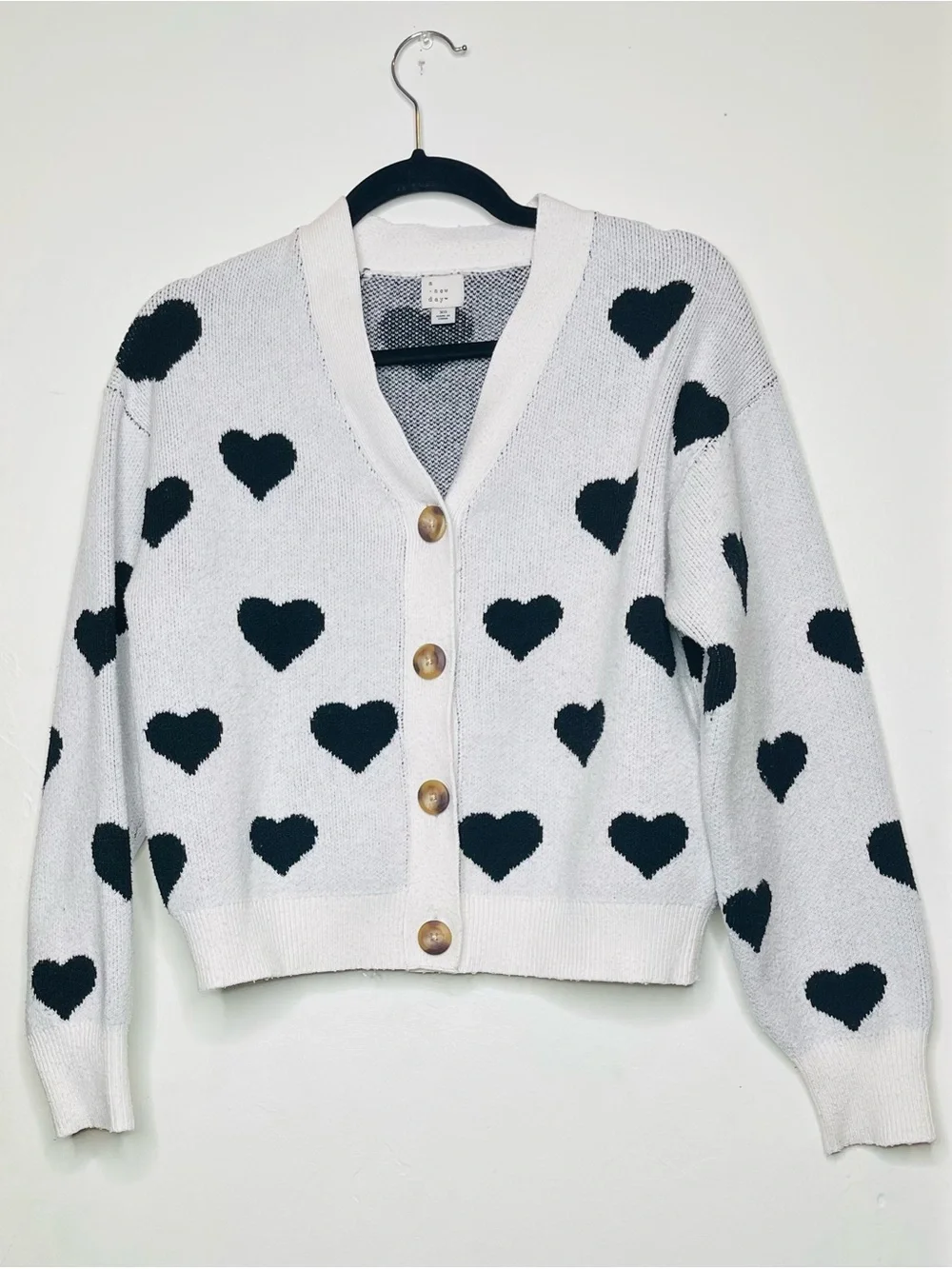 A New Day Black White Heart Button Cardigan Sweater XS